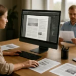 Asztali kiadványszerkesztő munkahely, grafikai tervezés közben.