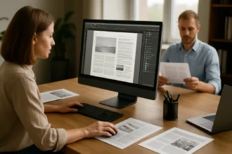 Asztali kiadványszerkesztő munkahely, grafikai tervezés közben.