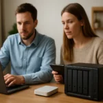 Két ember használ személyes felhő tárolót és NAS eszközt egy asztalon.