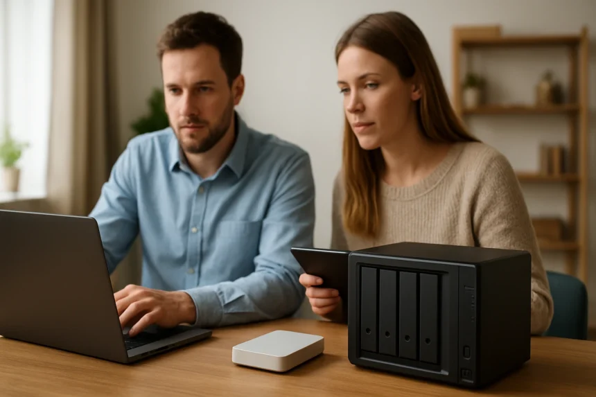 Két ember használ személyes felhő tárolót és NAS eszközt egy asztalon.