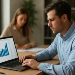 Férfi adatokat elemez laptopon Amazon Athena használatával.