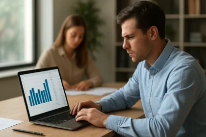 Férfi adatokat elemez laptopon Amazon Athena használatával.