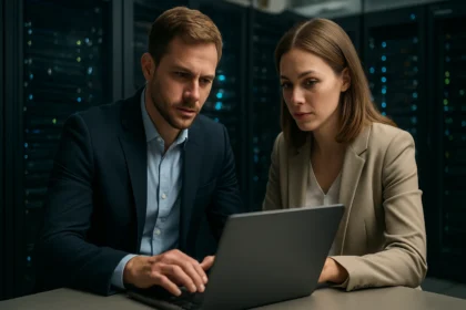 Két szakember együtt dolgozik egy számítógépes klaszteren.