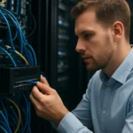 Férfi a konvergens hálózati adapter csatlakoztatásán dolgozik egy adatközpontban.