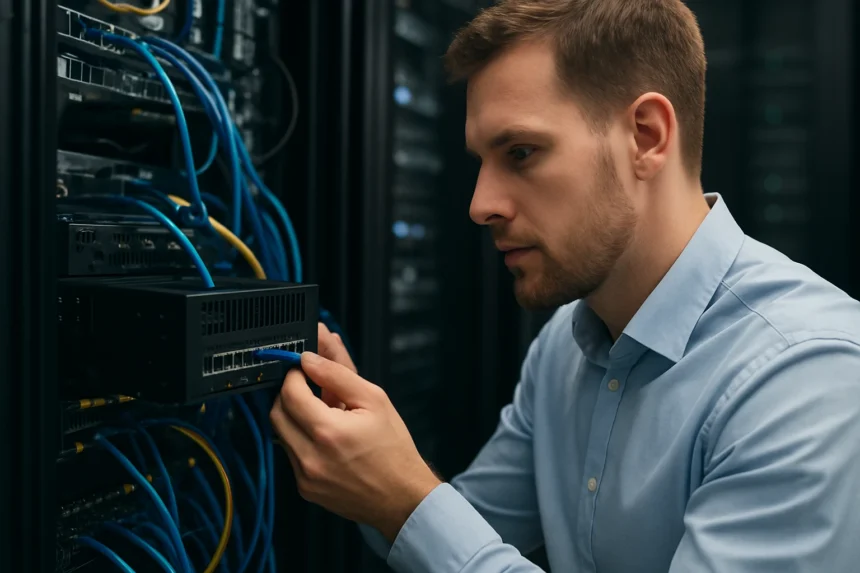 Férfi a konvergens hálózati adapter csatlakoztatásán dolgozik egy adatközpontban.