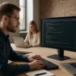 Programozó dolgozik számítógépen az IT világában.