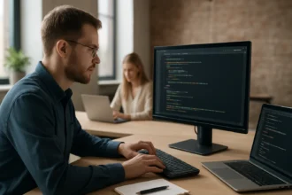 Programozó dolgozik számítógépen az IT világában.