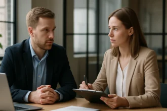 Munkavállalói élmény megbeszélése egy modern iroda környezetében.