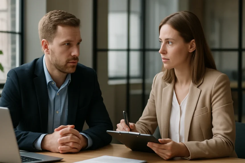 Munkavállalói élmény megbeszélése egy modern iroda környezetében.