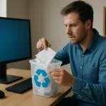Férfi a lomtárba helyez törölt fájlokat számítógépnél