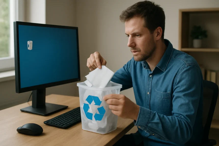 Férfi a lomtárba helyez törölt fájlokat számítógépnél