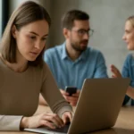 Nő laptopon dolgozik, közben háttérben beszélgető fiatalok.