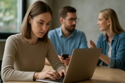 Nő laptopon dolgozik, közben háttérben beszélgető fiatalok.