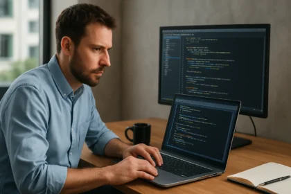 Programozó ABAP kódot ír a laptopján, SAP rendszerben dolgozva.