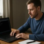 Férfi a laptop előtt, Windows parancssori eszközt használva.