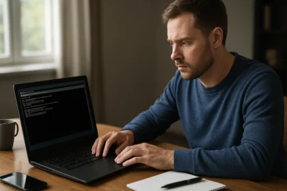 Férfi a laptop előtt, Windows parancssori eszközt használva.