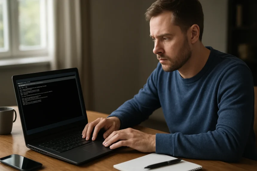 Férfi a laptop előtt, Windows parancssori eszközt használva.