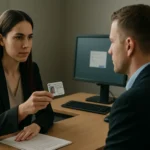 Egy nő azonosító kártyát mutat be egy férfinak, munkahelyi környezetben.