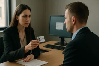 Egy nő azonosító kártyát mutat be egy férfinak, munkahelyi környezetben.