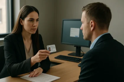 Egy nő azonosító kártyát mutat be egy férfinak, munkahelyi környezetben.