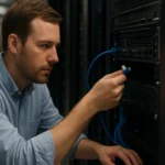 Számítógép szerelő csatlakoztat egy kábelt egy szerverhez.