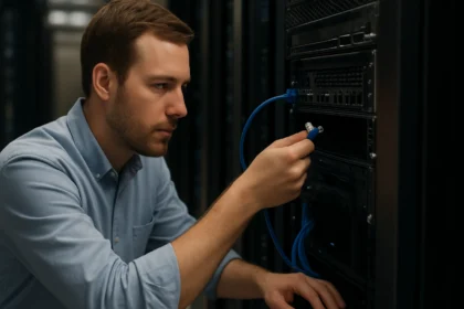 Számítógép szerelő csatlakoztat egy kábelt egy szerverhez.