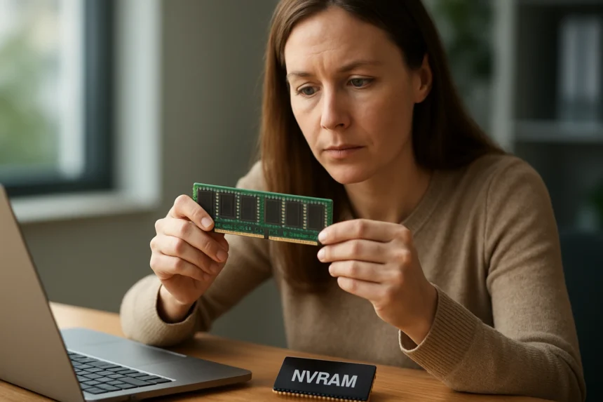 Egy nő NVRAM memóriát vizsgál laptop mellett