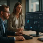 Férfi és nő informatikai monitorozás során Microsoft SCOM rendszerben.