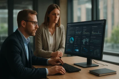 Férfi és nő informatikai monitorozás során Microsoft SCOM rendszerben.