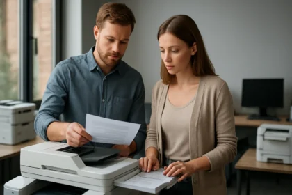Két ember nyomtatót használva a munkahelyi környezetben.