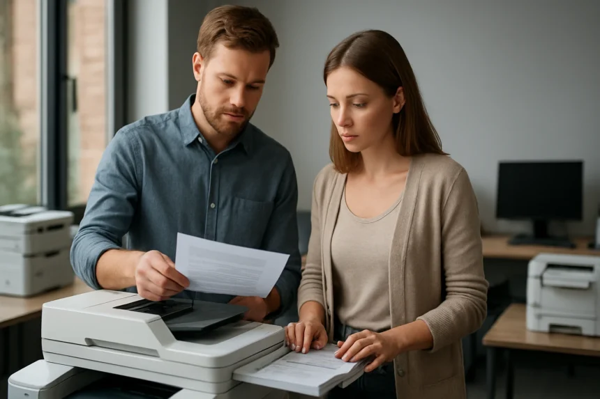 Két ember nyomtatót használva a munkahelyi környezetben.