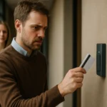 Férfi okos kártyát használ egy biztonsági rendszerhez, nő háttérben.