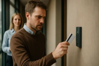 Férfi okos kártyát használ egy biztonsági rendszerhez, nő háttérben.
