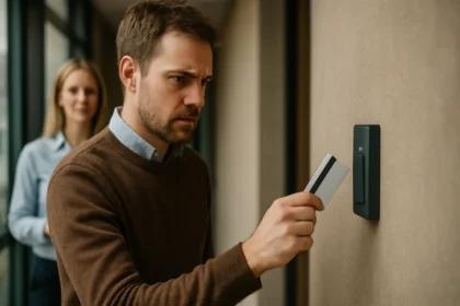 Férfi okos kártyát használ egy biztonsági rendszerhez, nő háttérben.