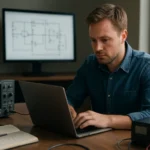 Férfi elektromos teljesítmény méréssel és számítástechnikával foglalkozik.