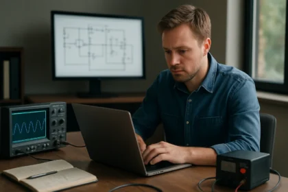 Férfi elektromos teljesítmény méréssel és számítástechnikával foglalkozik.