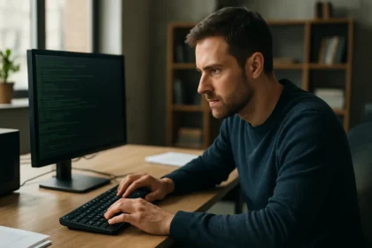 Programozó a számítógépnél, kódolási folyamat közben.