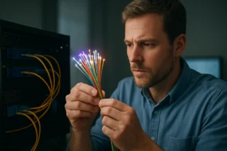 Férfi optikai szálakat vizsgál egy világítószerelés mellett