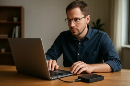 Férfi laptopot használ, háttérben tárolási megoldásokkal.