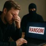 Kiberzsarolás: férfi kétségbeesetten néz a ranosmot mutató laptopra.