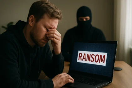 Kiberzsarolás: férfi kétségbeesetten néz a ranosmot mutató laptopra.