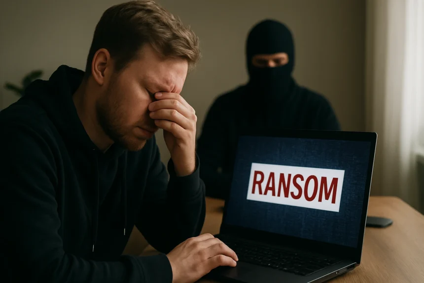 Kiberzsarolás: férfi kétségbeesetten néz a ranosmot mutató laptopra.