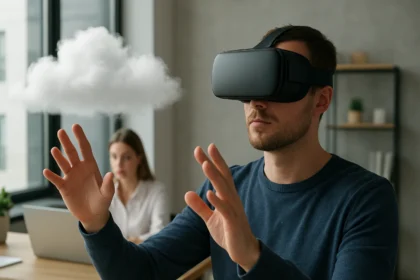 Férfi virtuális valóság headsettel, felhő megjelenítése előtt