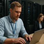 IT szakemberek katasztrófa-helyreállítási teszten dolgoznak.