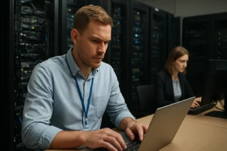 IT szakemberek katasztrófa-helyreállítási teszten dolgoznak.