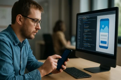Fejlesztő mobilalkalmazást tervez egy számítógép előtt.