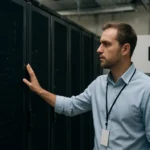 Férfi az adatközpontban a CRAC hűtőberendezés mellett