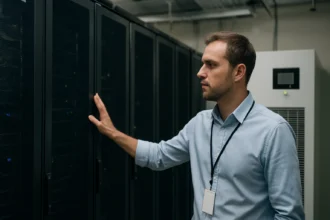 Férfi az adatközpontban a CRAC hűtőberendezés mellett