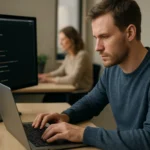 Férfi programozó laptopon dolgozik, háttérben női kolega.