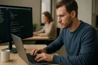 Férfi programozó laptopon dolgozik, háttérben női kolega.